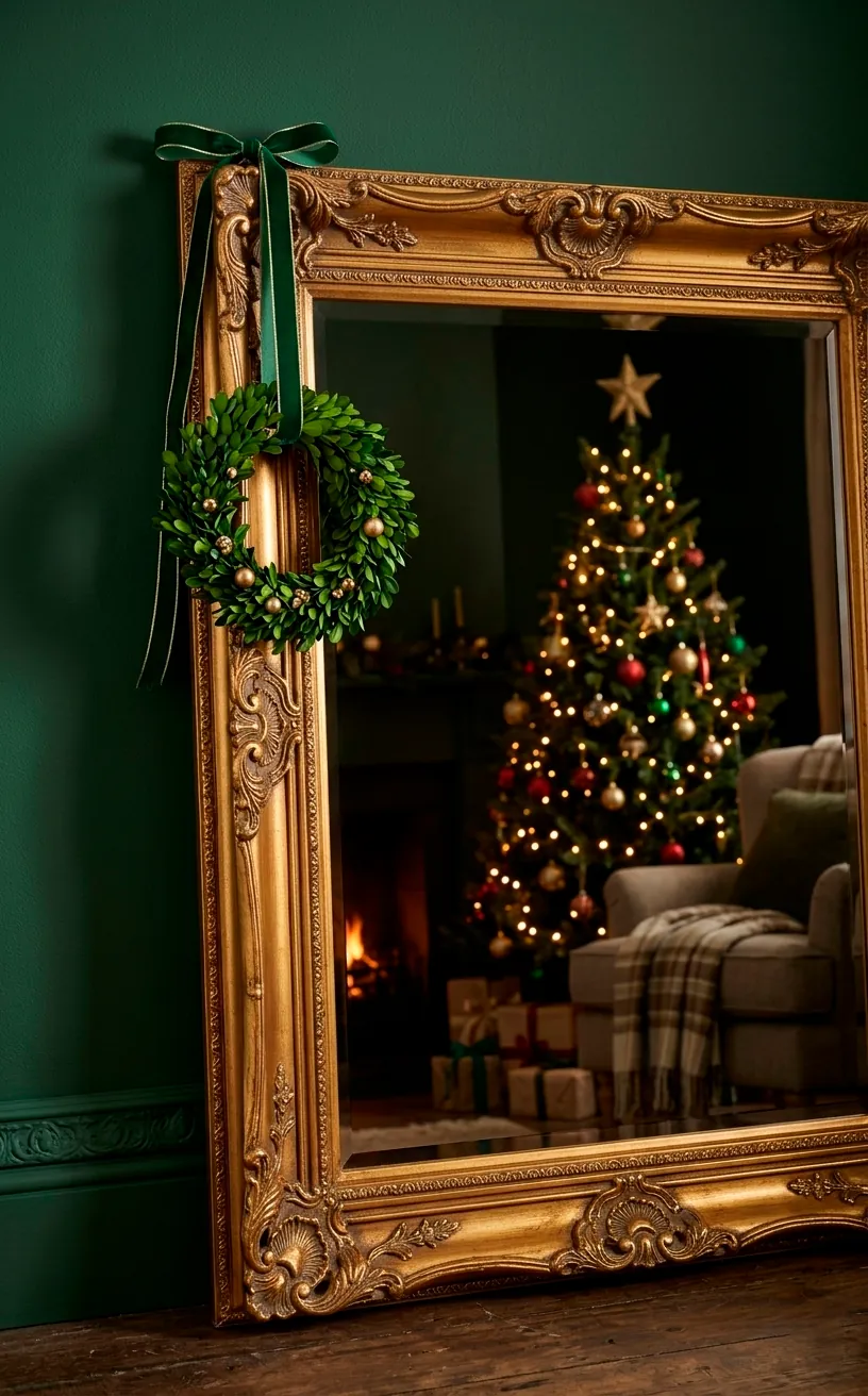 Ornate gold mirror decorated with an emerald green holiday wreath.