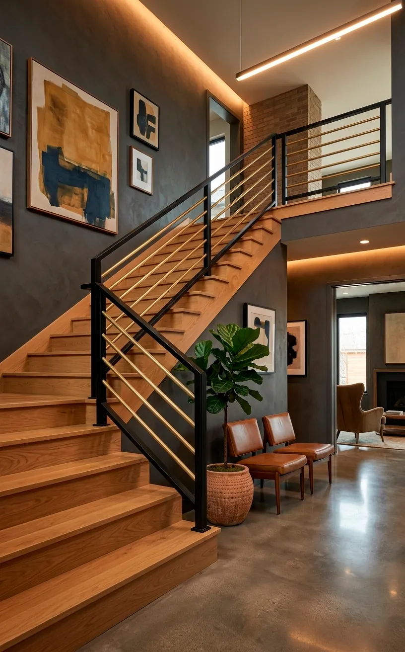 Horizontal stair railing with black frame and parallel brushed brass bars.