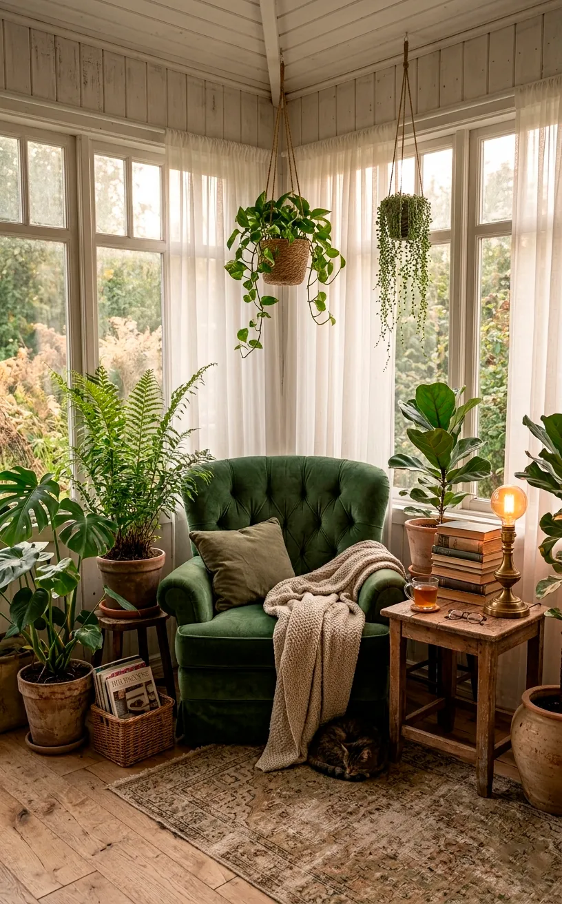 Cozy green armchair in a sunroom surrounded by lush indoor ferns.