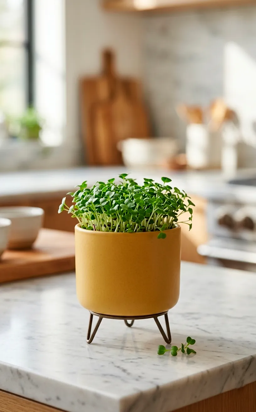 Footed mustard yellow mini planter with microgreens on marble.