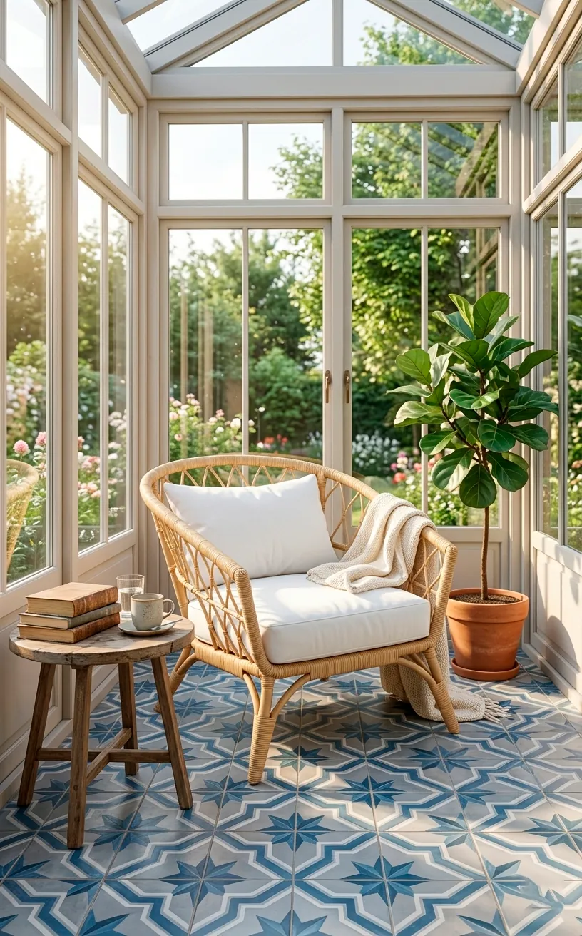 Sunroom reading nook with blue and gray geometric star floor tiles and a wicker chair.