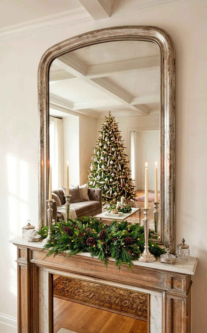Large arched mirror with a distressed silver frame on a fireplace mantel.
