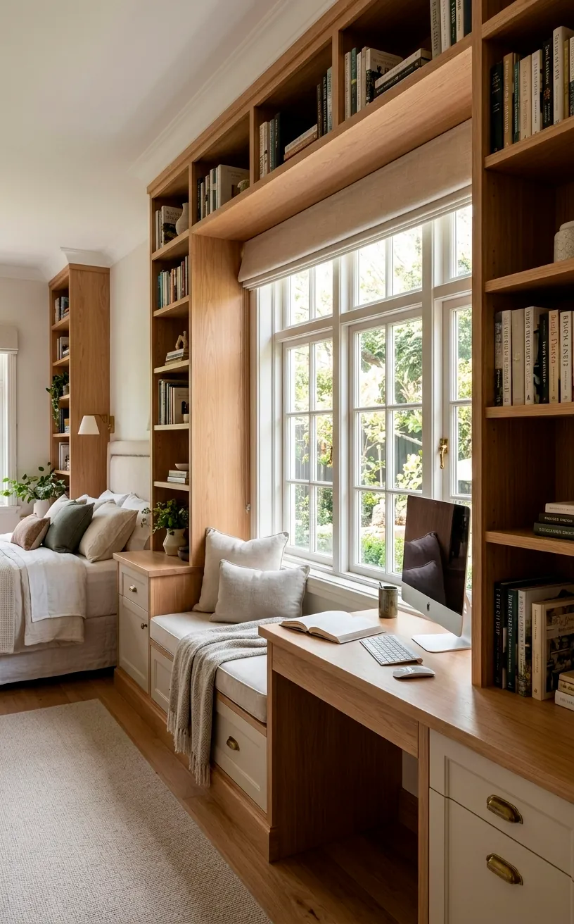 Custom window seat and desk combo in a bright guest room with bookshelves.