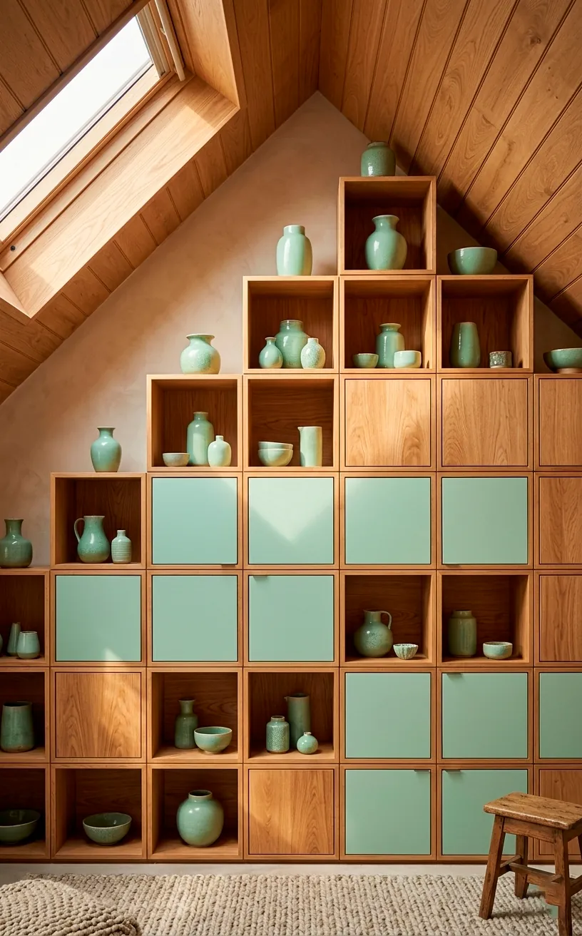 Modular oak storage cubes stacked under a slanted attic ceiling with mint accents.