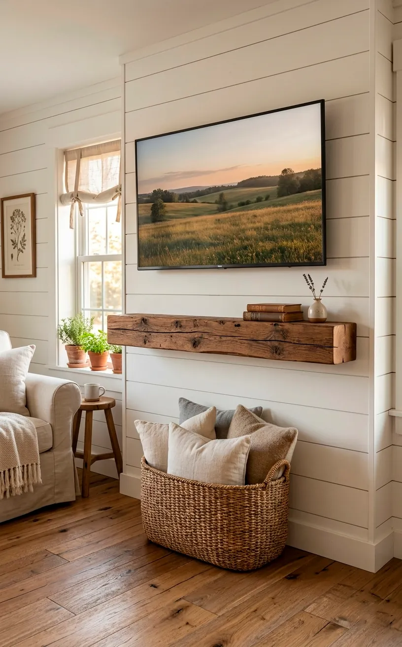 Rustic reclaimed wood beam floating shelf under a TV on a shiplap wall.