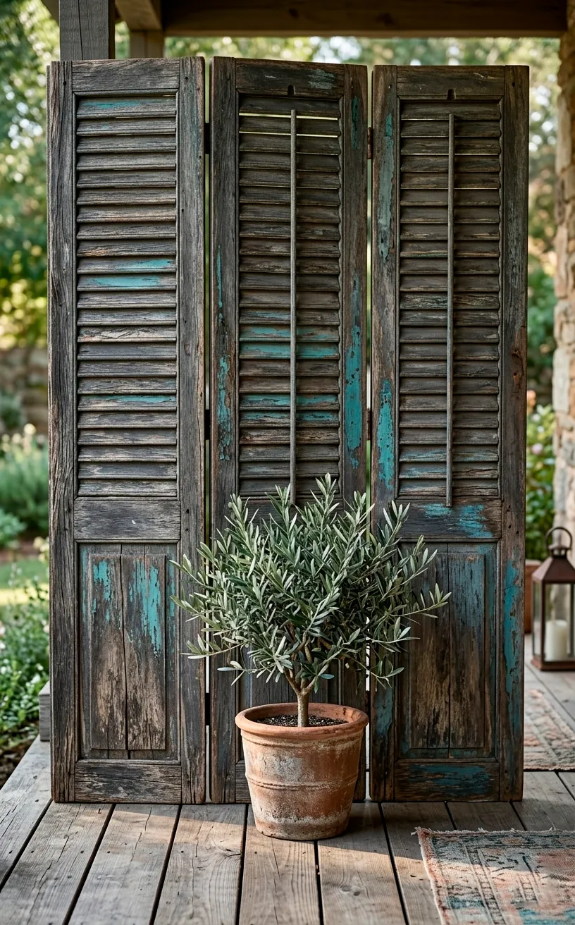 Vintage weathered wood privacy shutters on a coastal balcony.