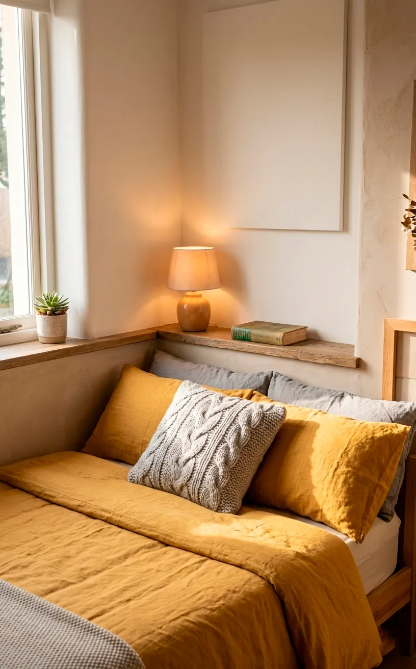 Cozy studio bed with mustard yellow linen bedding in a sunlit corner.