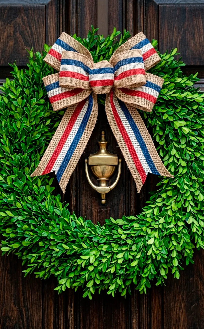 Green boxwood wreath with a patriotic burlap bow on a dark wood door.