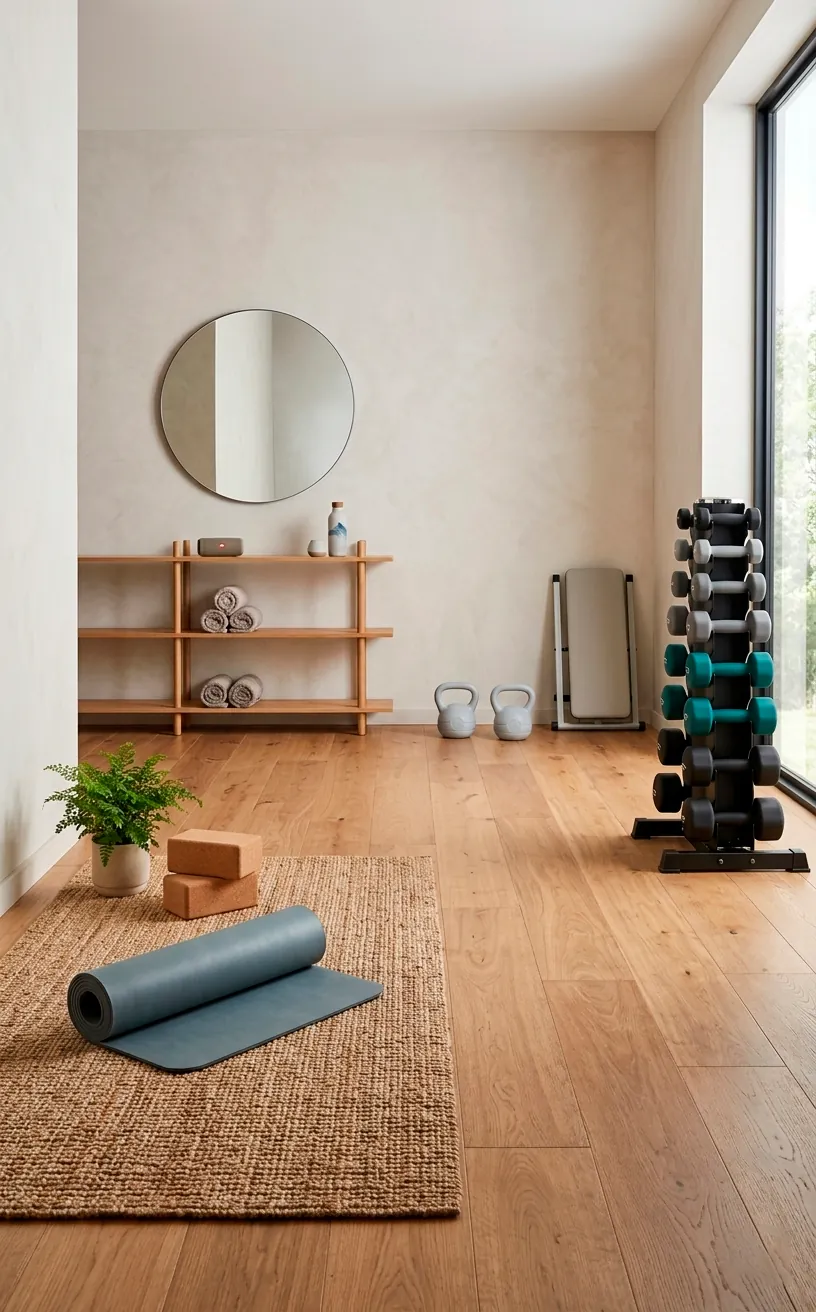 Home gym with defined workout zones and an open center for movement.