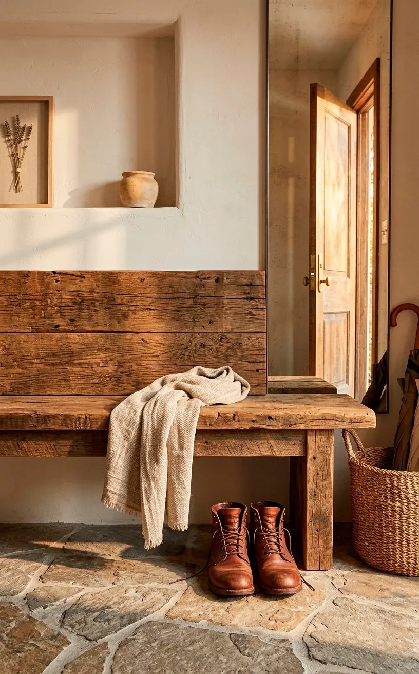 Reclaimed wood entryway bench with a linen drape and leather boots.