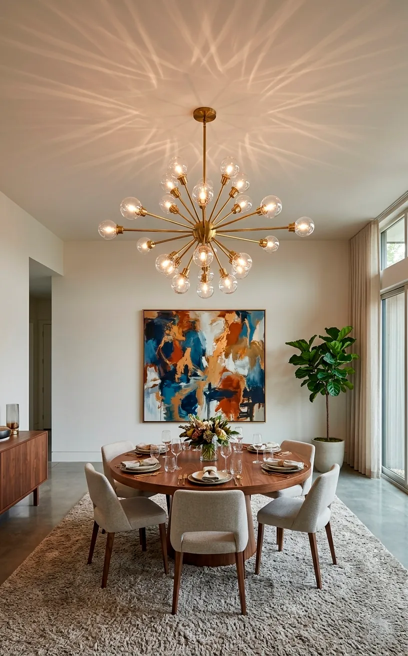 Large brass Sputnik chandelier lighting up a mid century modern dining room with walnut furniture.