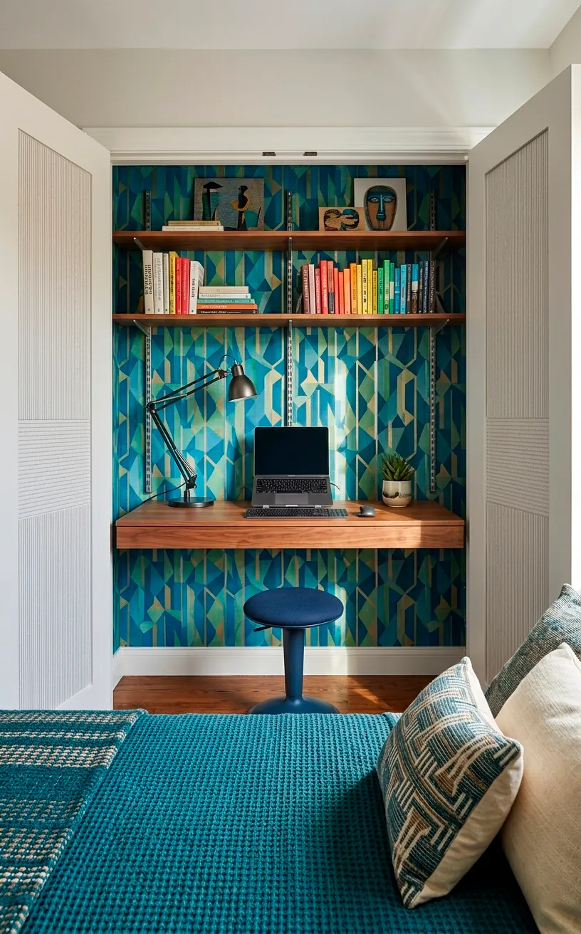Closet converted into a home office with geometric wallpaper and a floating desk.