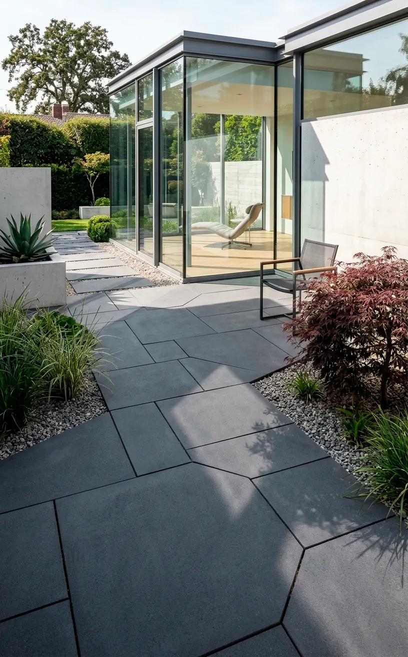 Modern charcoal grey concrete paver patio with clean geometric lines and minimalist design.