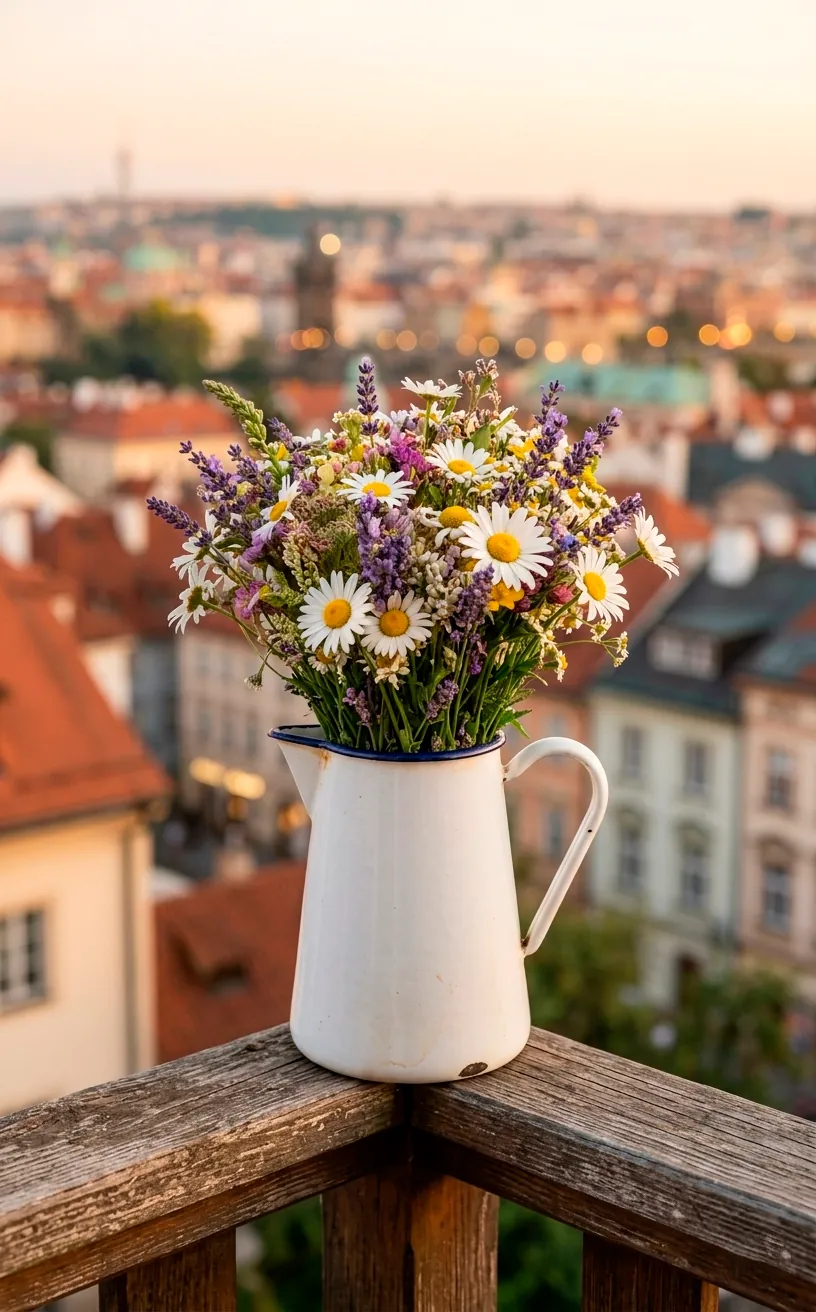 Vintage white enameled pitcher with wildflowers on a balcony railing.