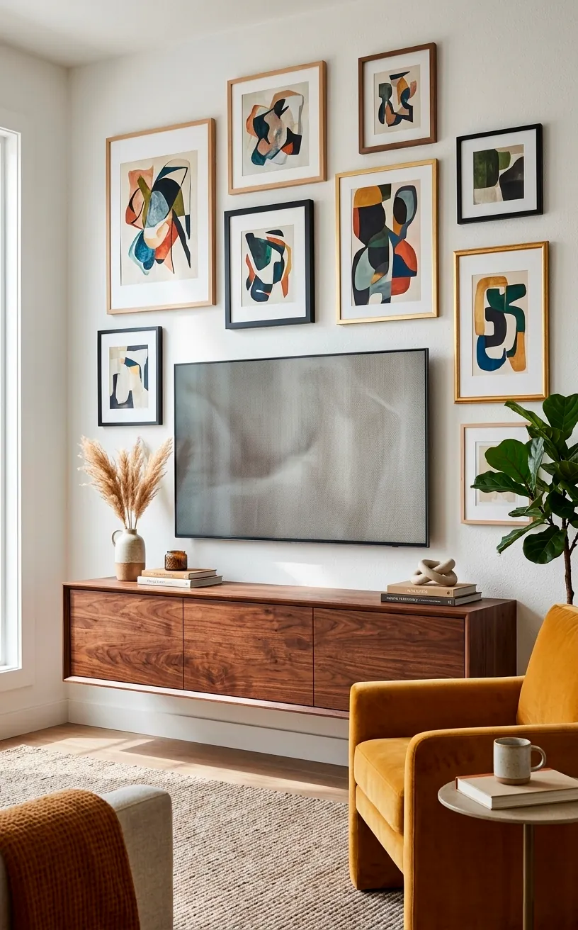 Mid-century modern walnut floating TV unit with rich wood grain on a clean white wall.