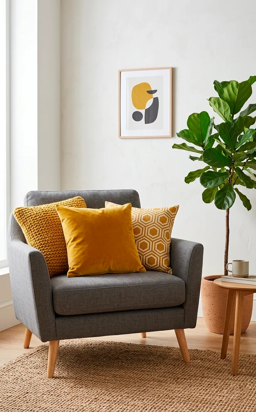 Group of mustard yellow throw pillows with various textures on a grey armchair.