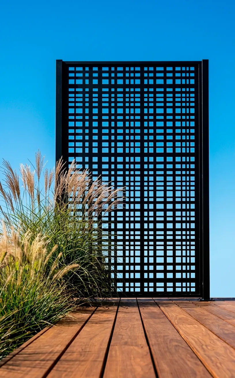 Black metal privacy screen with laser-cut starburst design on a modern outdoor deck.