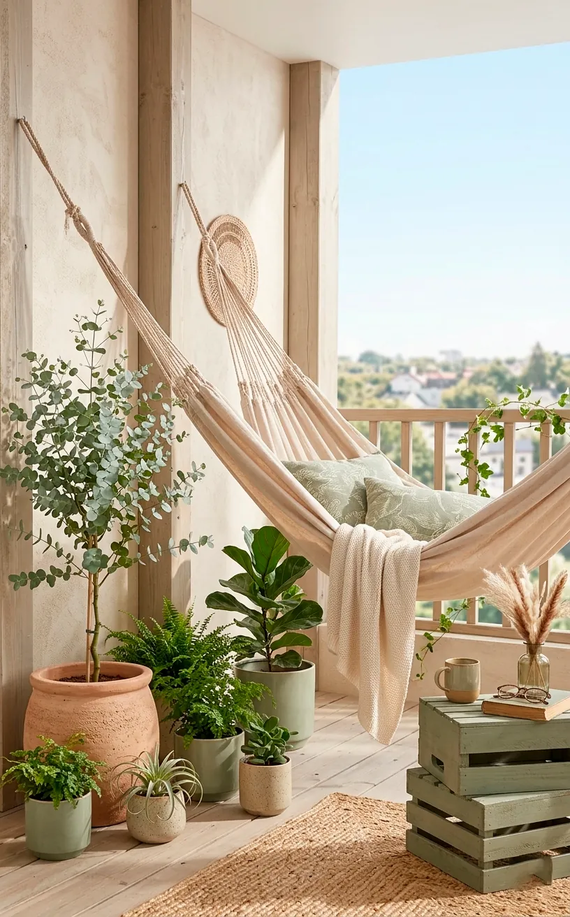 Sage green and sand colored boho balcony with a light beige hammock and plants.