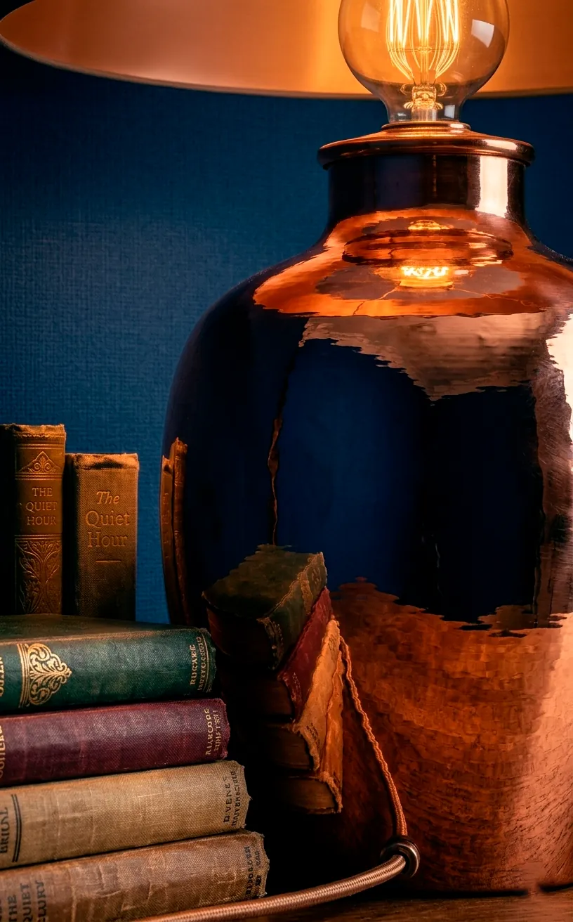 Copper lamp on a bedside table against a deep navy blue bedroom wall.