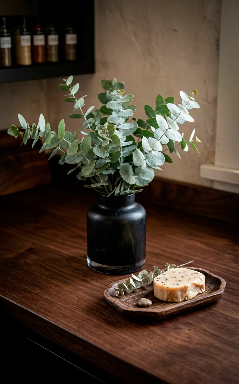 Fresh eucalyptus in a black vase on a dark wood bathroom counter.