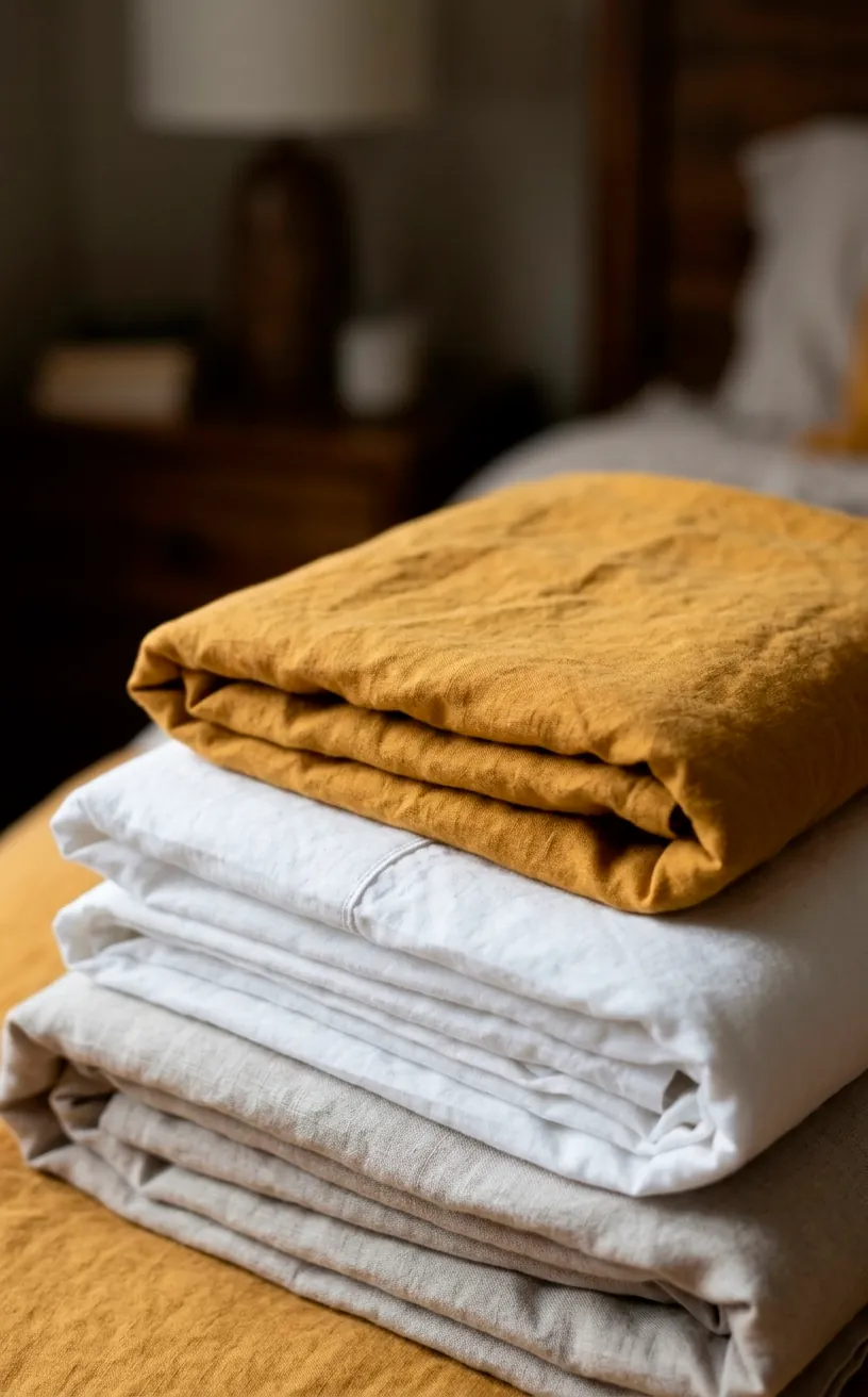 Detailed view of folded mustard yellow and white linen bedding.