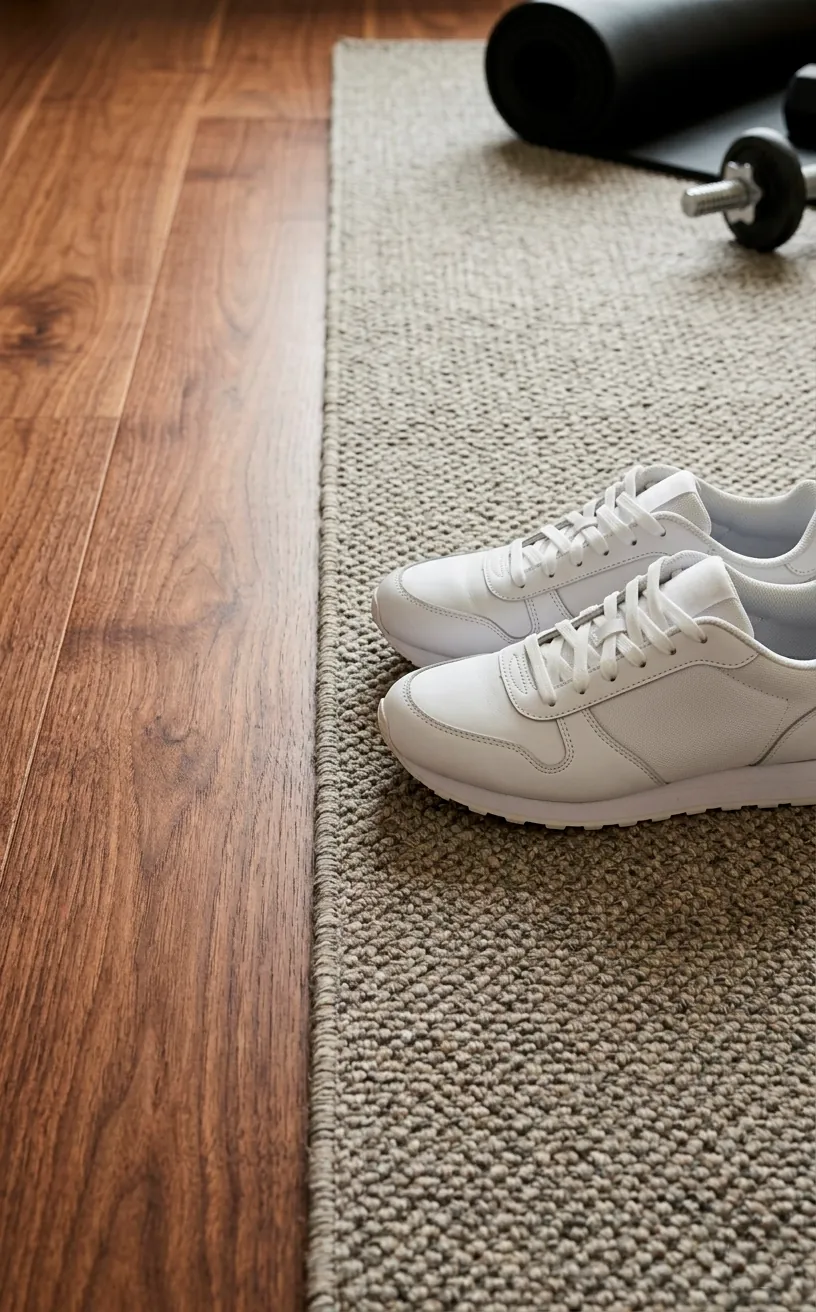 Close-up transition from hardwood to a gym rug with white sneakers.