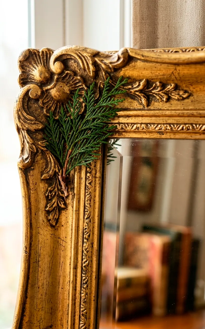 Detail of a vintage gold mirror frame with green cedar sprigs.
