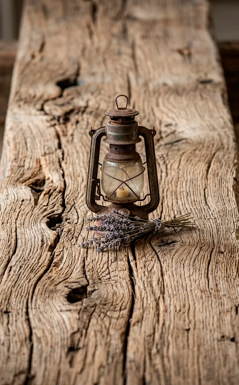Close-up of weathered reclaimed wood texture on a floating farmhouse shelf.