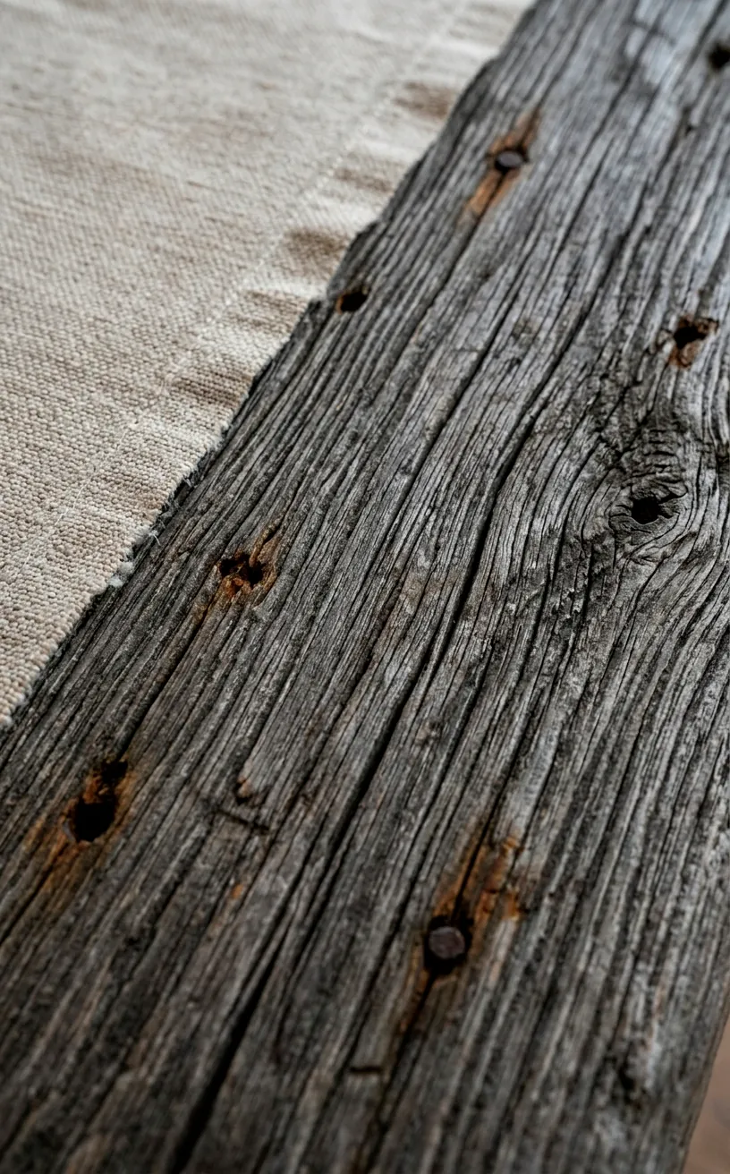 Detail shot of weathered reclaimed wood texture on an entryway bench.