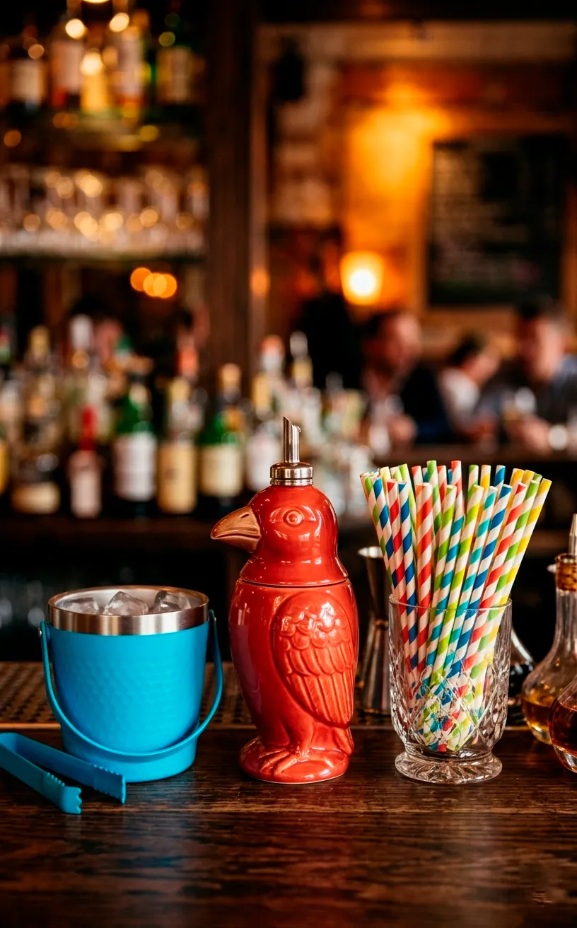 Quirky and colorful bar accessories including a red shaker and blue ice bucket.