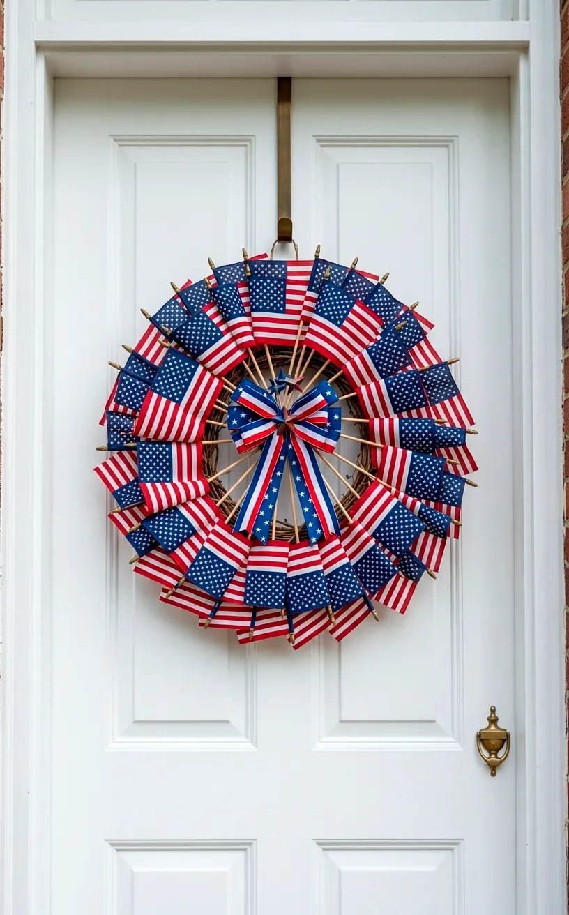 Wreath made of miniature American flags on a white front door.