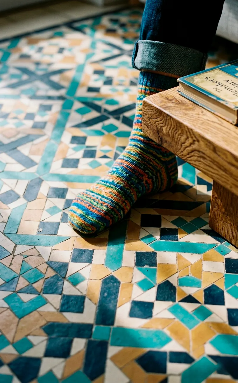 Close-up of patterned geometric floor tiles in a sun-filled room.