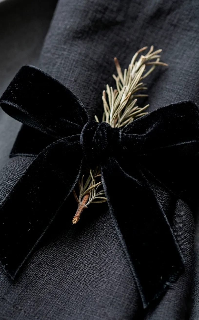 Close-up of a black velvet ribbon bow on a dark napkin with dried rosemary.