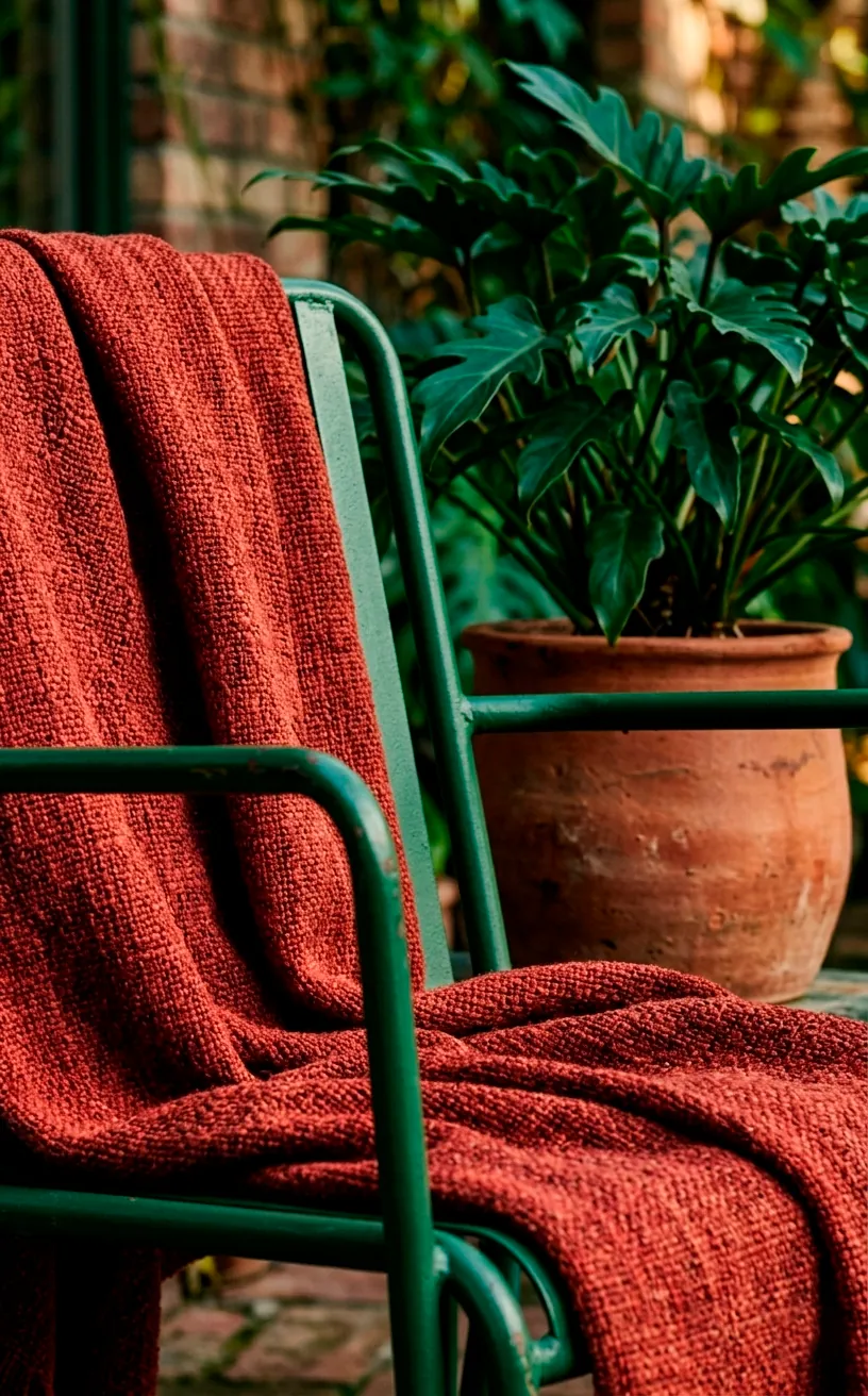 Detail of forest green furniture and red textiles on a brick balcony.