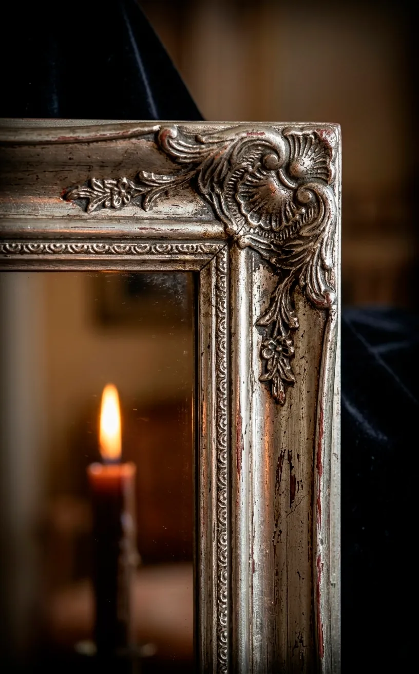 Close-up of the patina on a distressed silver mirror frame.