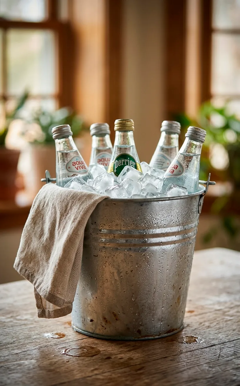Close-up of a galvanized bucket used as a drink cooler.