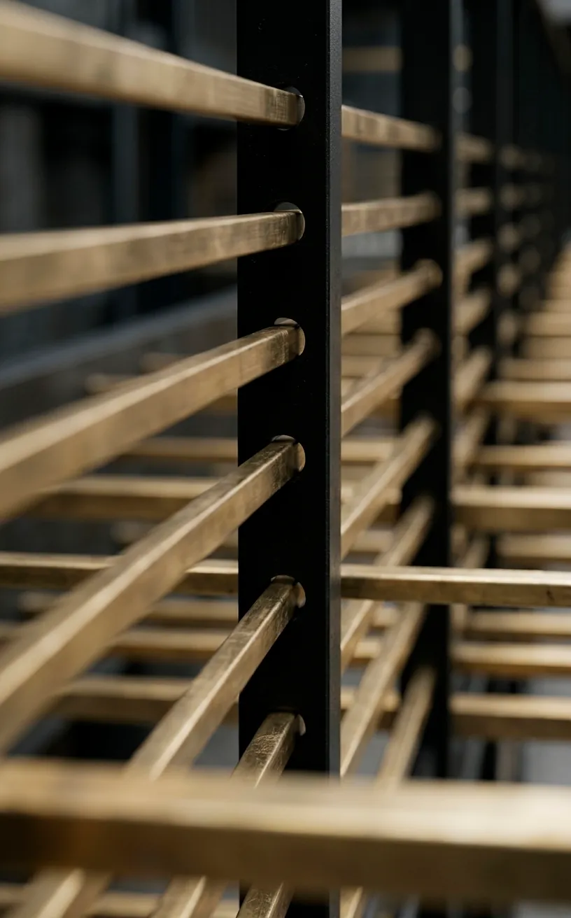 Close-up of horizontal brass rods in a black metal staircase frame.