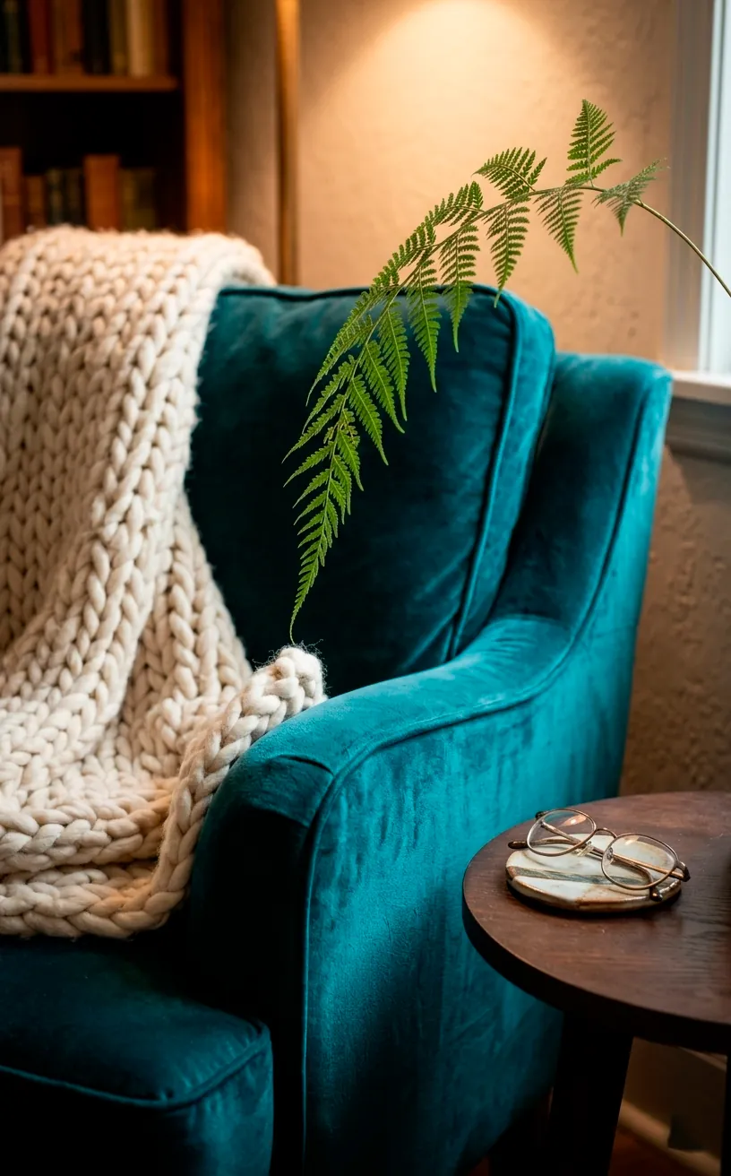 Close up of a reading chair and knit blanket surrounded by plants.