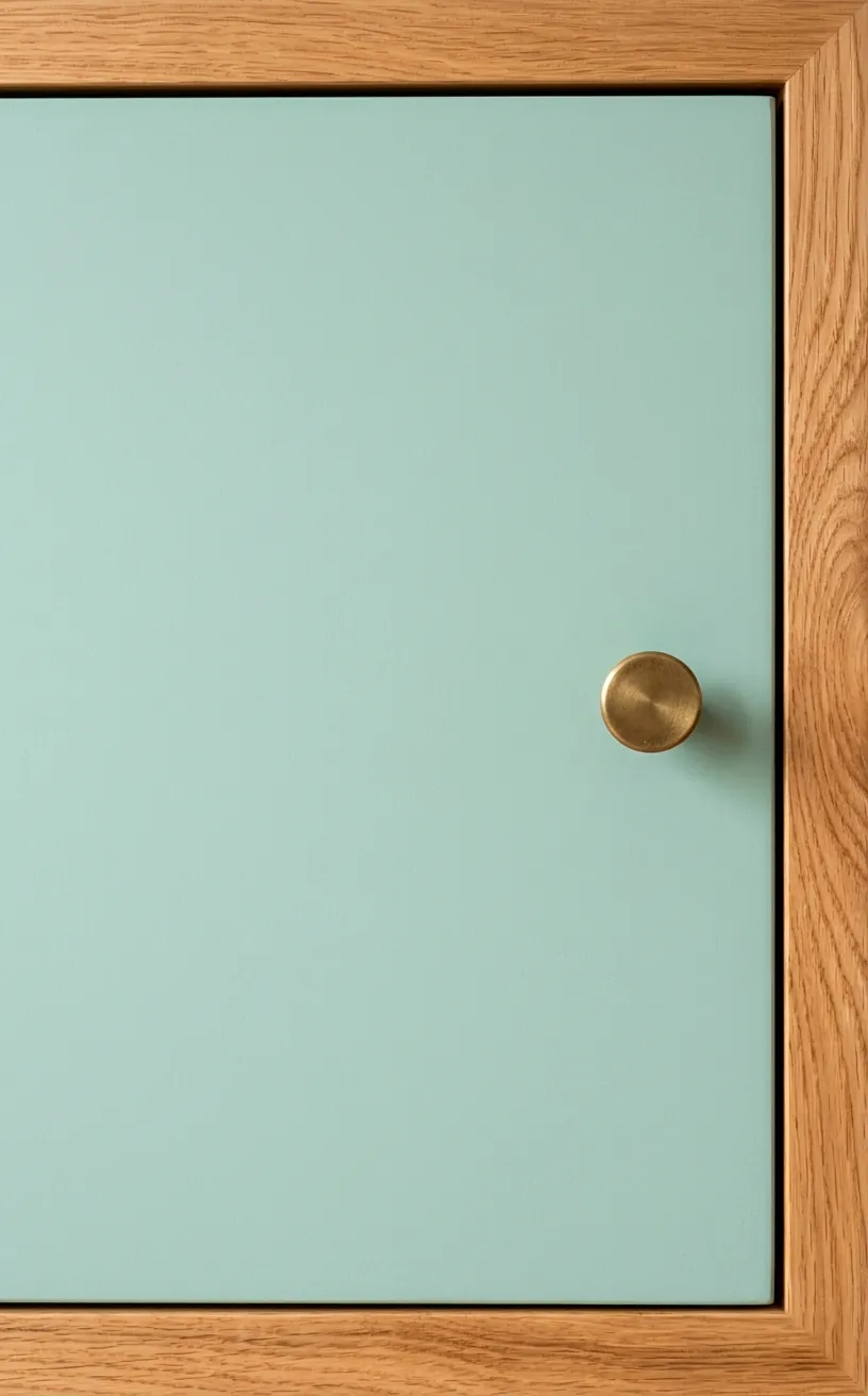 Close-up of a mint green door on an oak modular storage cube.