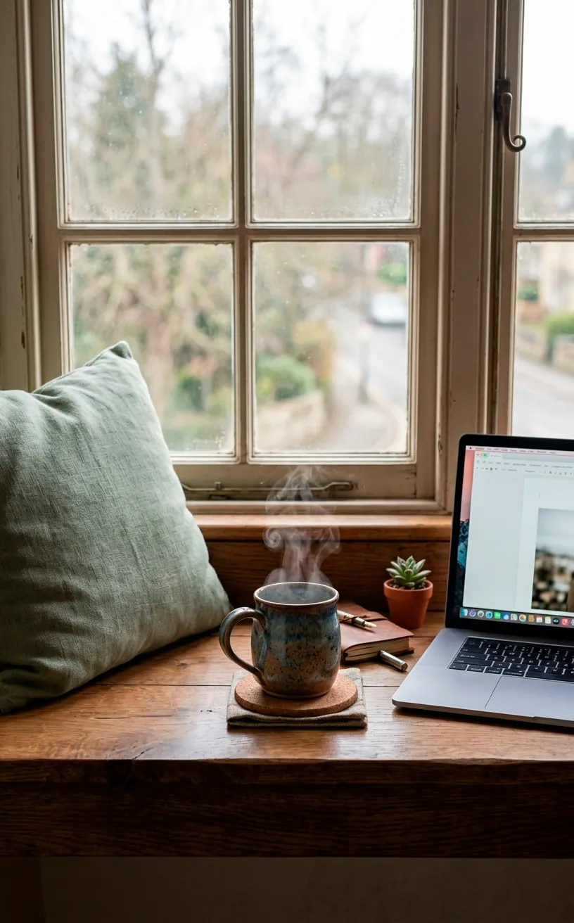 Workspace integrated into a sunlit window seat with books.