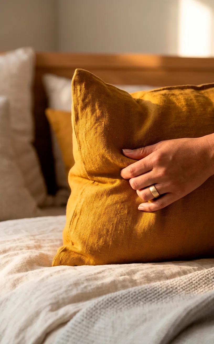 Close-up of a mustard yellow linen throw pillow on a soft fabric surface.