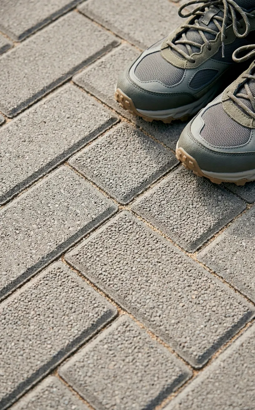 Detailed view of interlocking concrete pavers with clean sand joints.