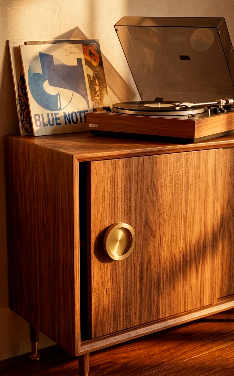 Detail of a walnut floating media console with brass hardware and a vintage record player.