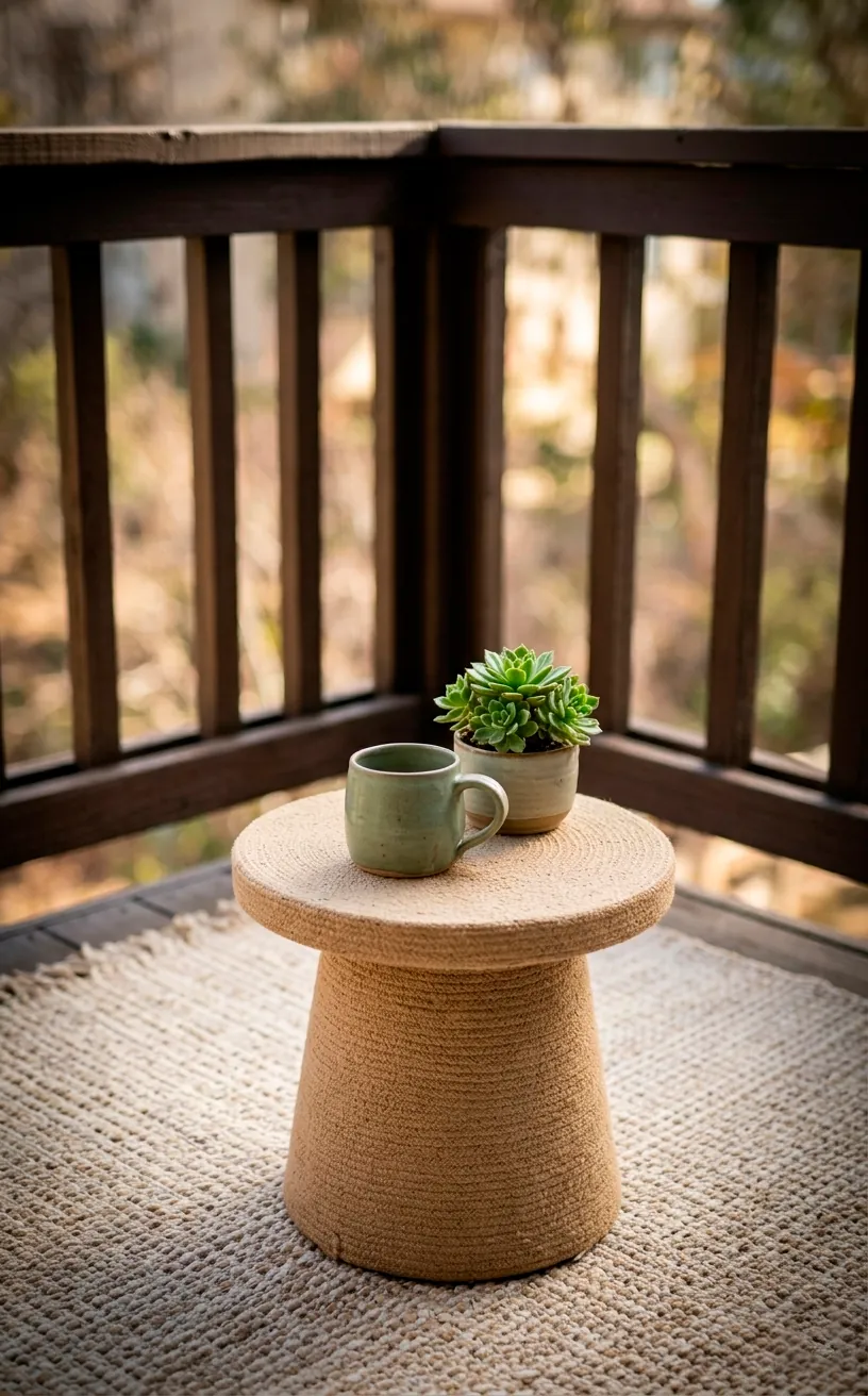 Detail shot of sage green decor and sand-toned outdoor furniture.