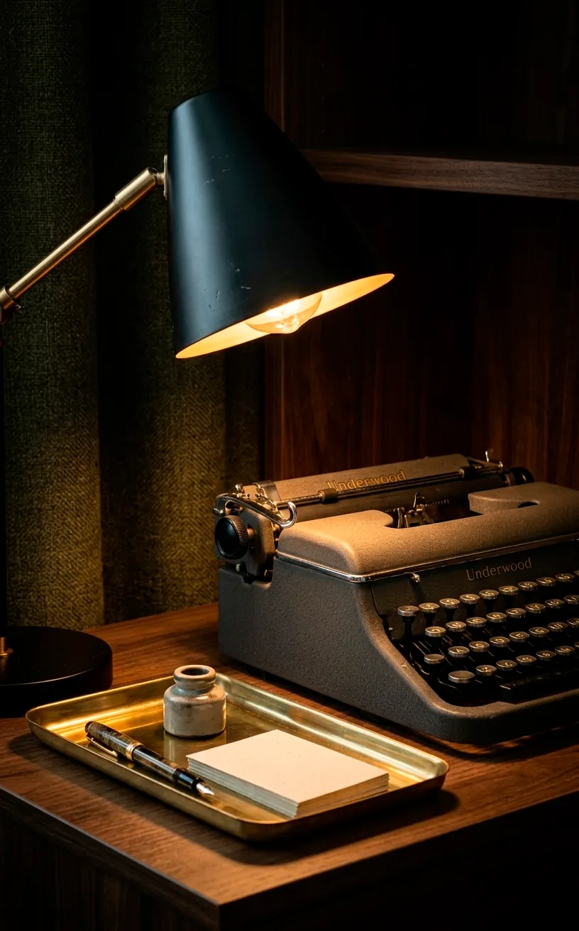 Vintage matte black eyeball desk lamp illuminating a mid century modern home office desk.