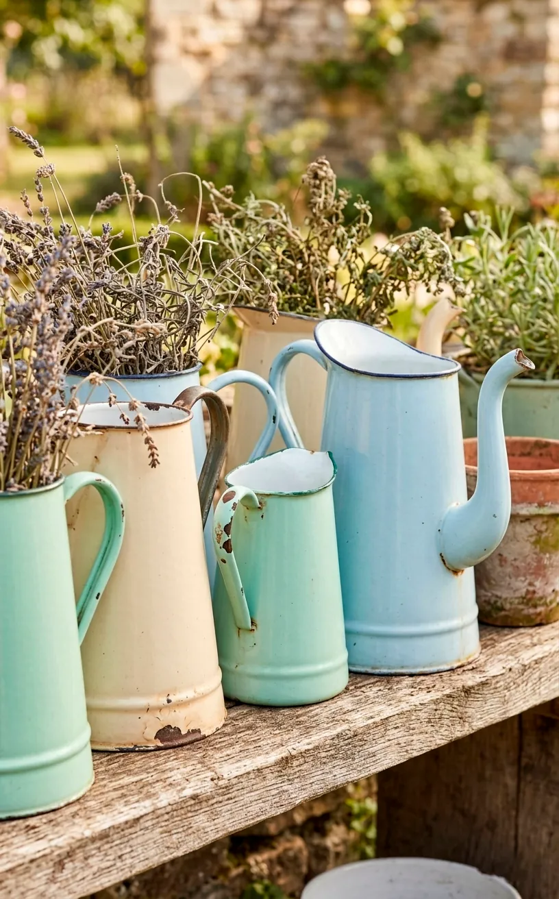 Group of colorful vintage enameled pitchers on a rustic shelf.