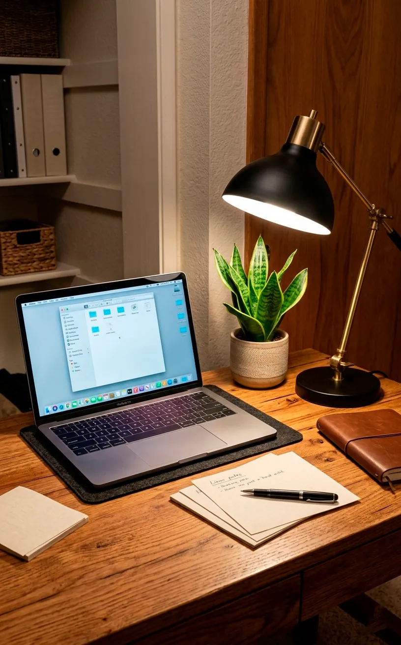 Close up of a desktop setup inside a small closet office.