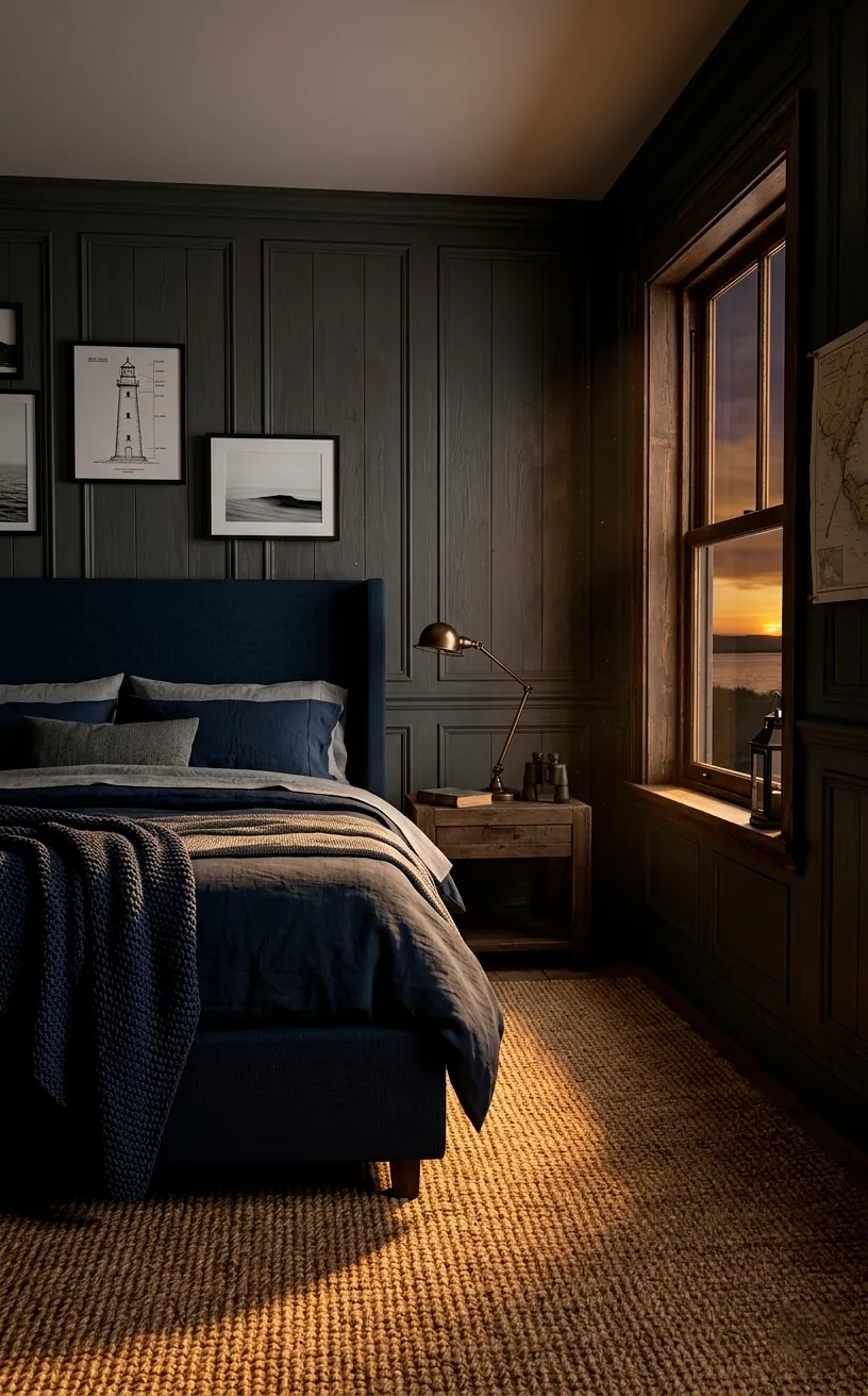 Dark coastal bedroom with charcoal wood panels, navy bedding, and a natural jute rug.