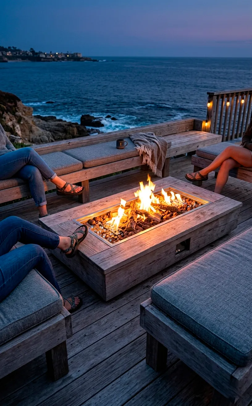 Gas fire pit built into a weathered gray wood deck with seating.