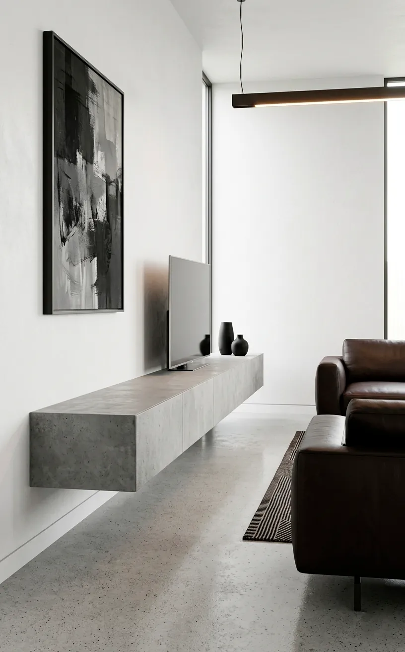 Modern concrete-finish floating TV console in a minimalist architectural living room.